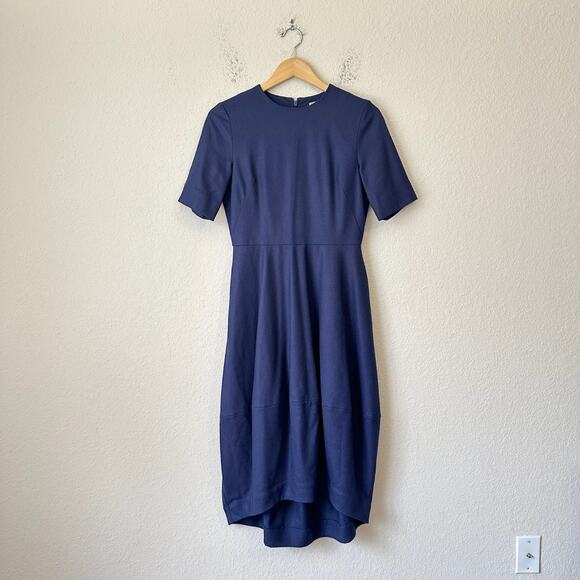 COS Midi Dress Navy Blue Short Sleeve Sheath Wool Blend Office Preppy - Picture 1 of 10